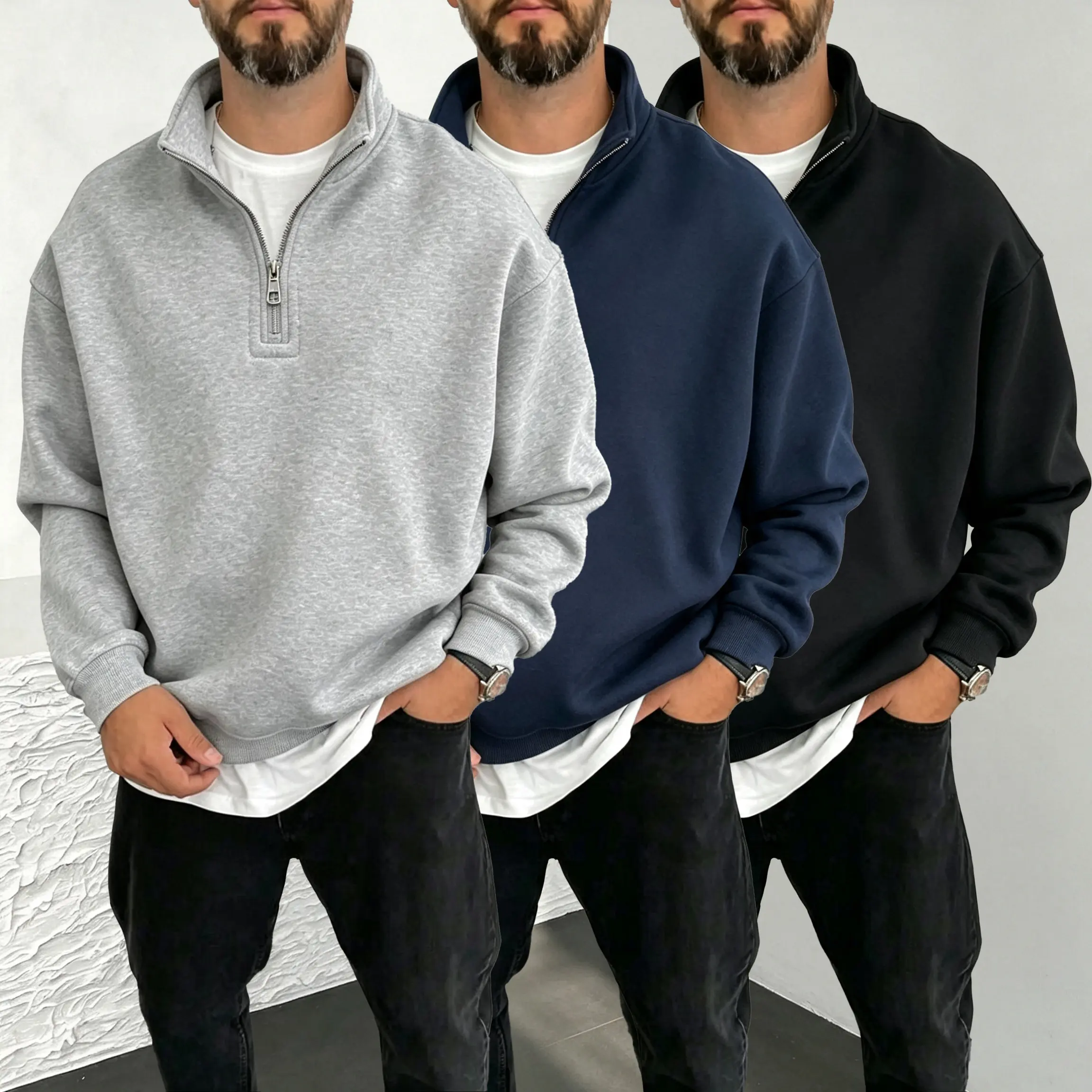 Men's Quarter-Zip Fleece Sweatshirt Tops - Loose, Oversized Polyester Long-Sleeve Zip-Up with Stand Collar for Casual Streetwear Clothing