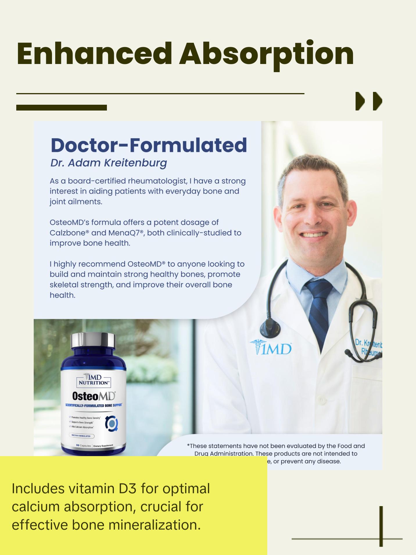 1MD Nutrition OsteoMD -Comprehensive Bone Density Support - Vitamin D3 & K2, Calcium & Calzbone Extract