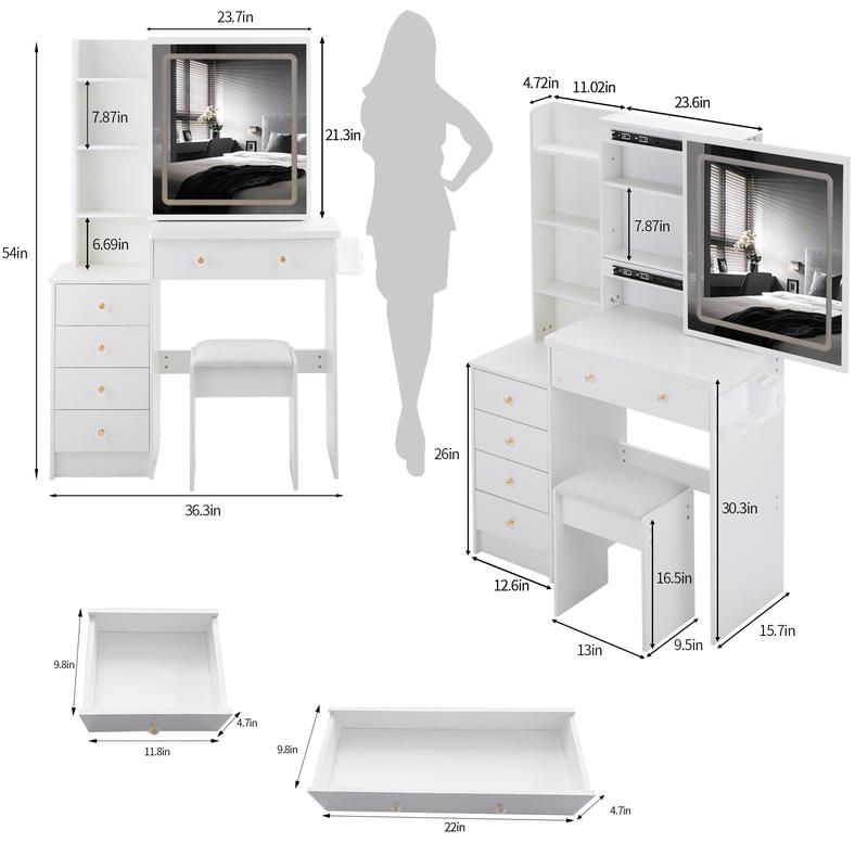 37" Middle Size Left Bedside Cabinet Vanity Table + Cushioned Stool Dresser Set, 2 AC+2 USB Socket, Hair Dryer Stand, Large Touch Control LED Sliding Mirror, 3-color Switch, EPA, GCC, UL Certificate