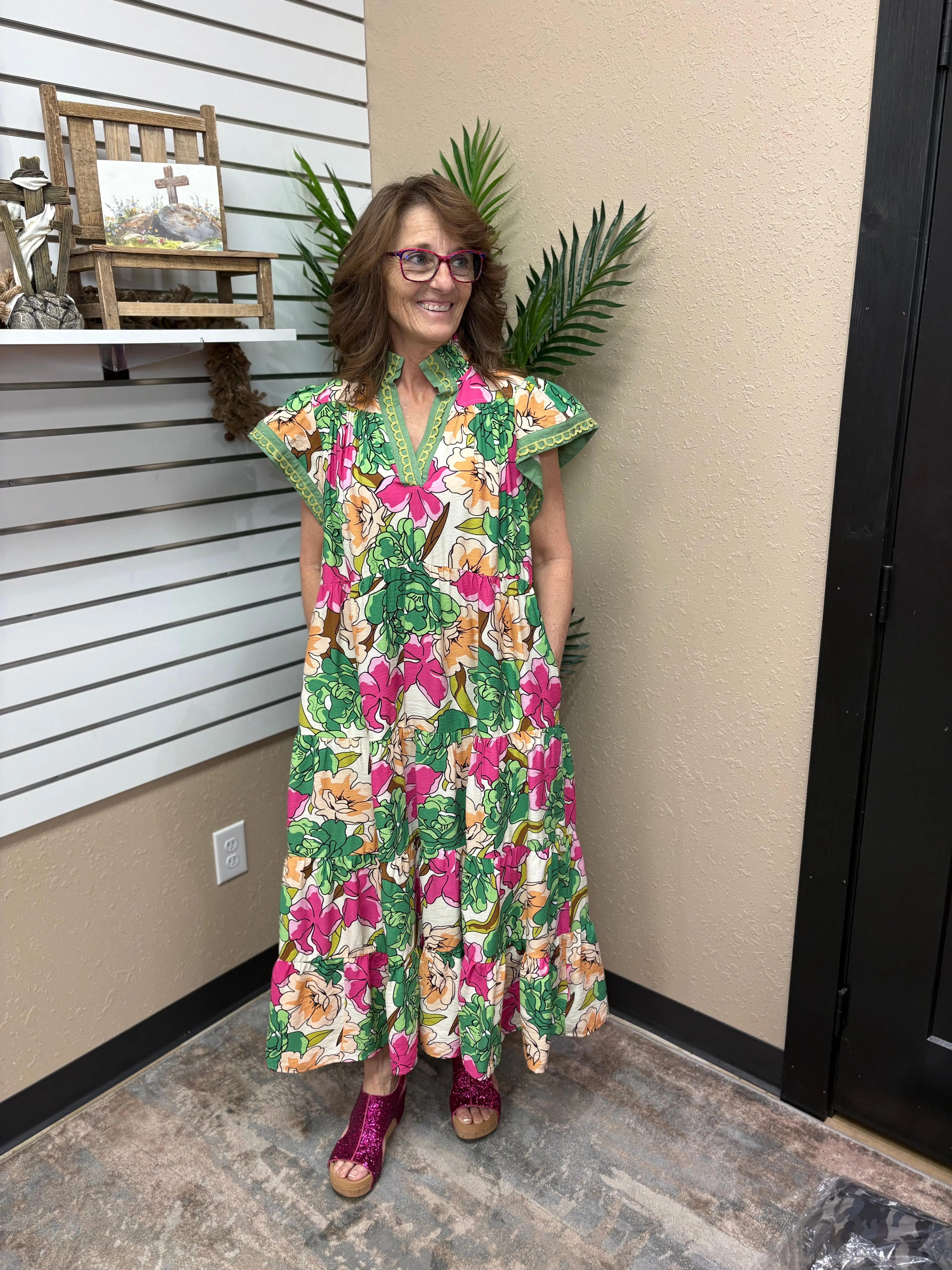 knee length dresses for ladies Green Floral Tiered Sleeveless Midi Dress – Gabi Swimwear
