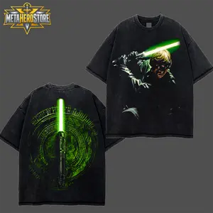 [MetaHero] Luke Skywalker Green Saber Graphic T-Shirt, Rebel Jedi Warrior Double Sided Acid Washed Tee, Vintage Sci-Fi Movie Inspired Oversized Cotton Shirt, Classic Round Neck Streetwear Top for Men Women, Gift for Space Fantasy Fans
