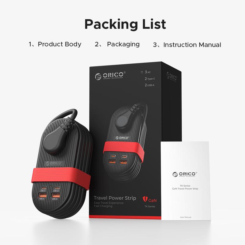 ORICO Upgraded 7-in-1 Travel Power Strip,2 Outlets & 4 USB Ports (2TYPE-C+2USB-A), 65W Fast Charging, Compact for Cruise, Hotel, Dorm, and Travel Essentials- TK