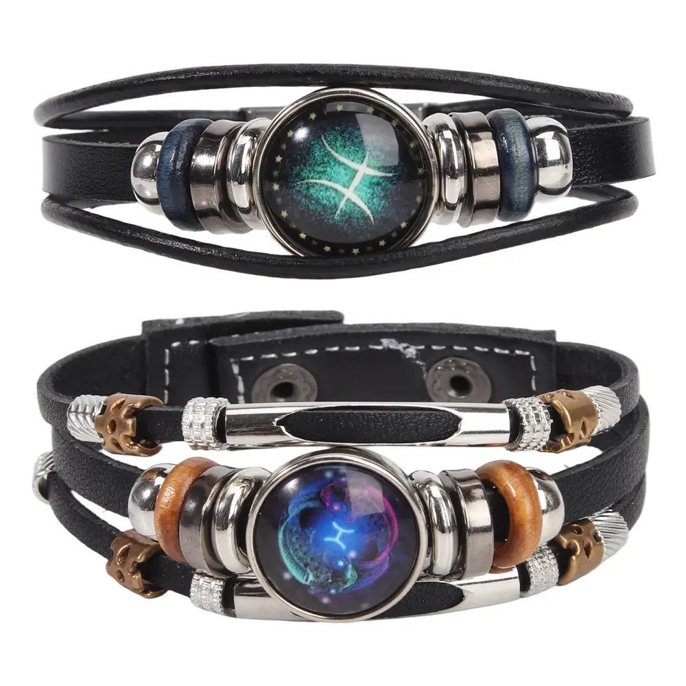2PCS Multilayer Constellation Zodiac Leather Bracelet Handmade Woven Zodiac Sign Wrap Bracelet Wristband for Women Men Jewelry Birthday Gift
