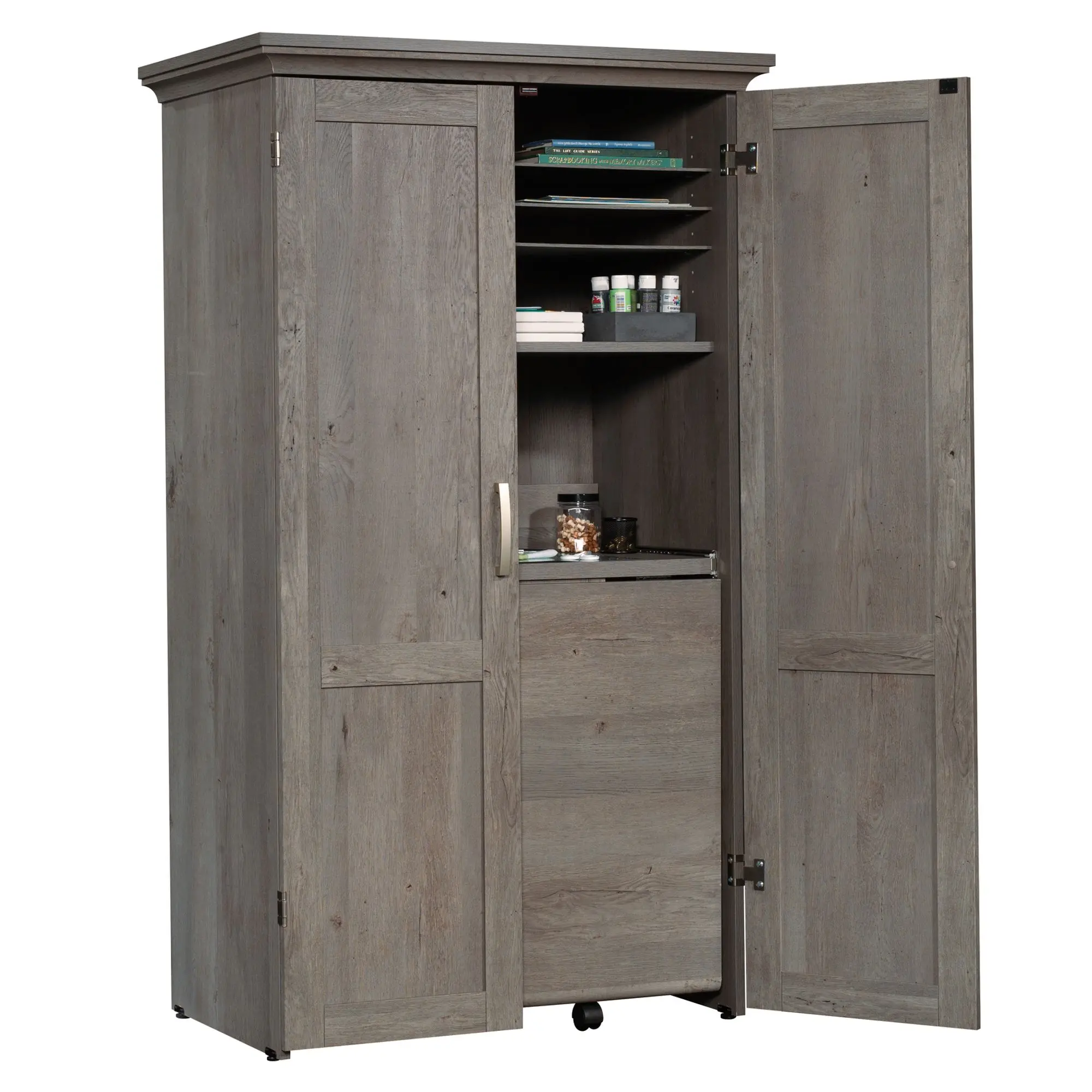 Sauder Freestanding Wood Cupboard Wardrobe Cabinet - Engineered Wood Multi-purpose Furniture with Fold-out Desk, Adjustable Shelves, Closet Storage, Full Extension Slides, for Home Office, Craft Room (Requires Assembly)