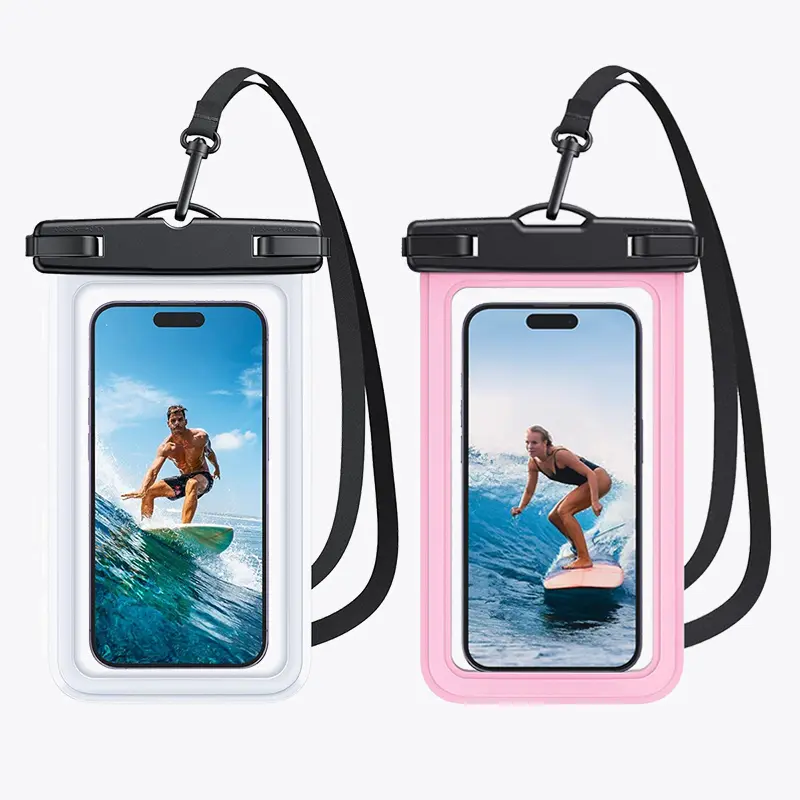 Sharkite TPU Weatherproof Smartphone Protection Case for iPhone 17/16/15/14 Pro Max - Matte + Pink Waterproof Bag, Touch Screen-Enabled, Adjustable Detachable Lanyard, Beach Water Sports Accessories (Fits Up to 8.9 in Devices)