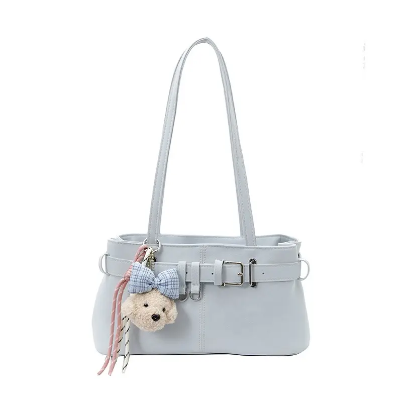 Women Y2K Belted Shoulder Bag Cute Teddy Bear Charm Bow Ribbon Hobo Tote Bag Soft PU Leather Underarm Handbag Casual Daily Purse