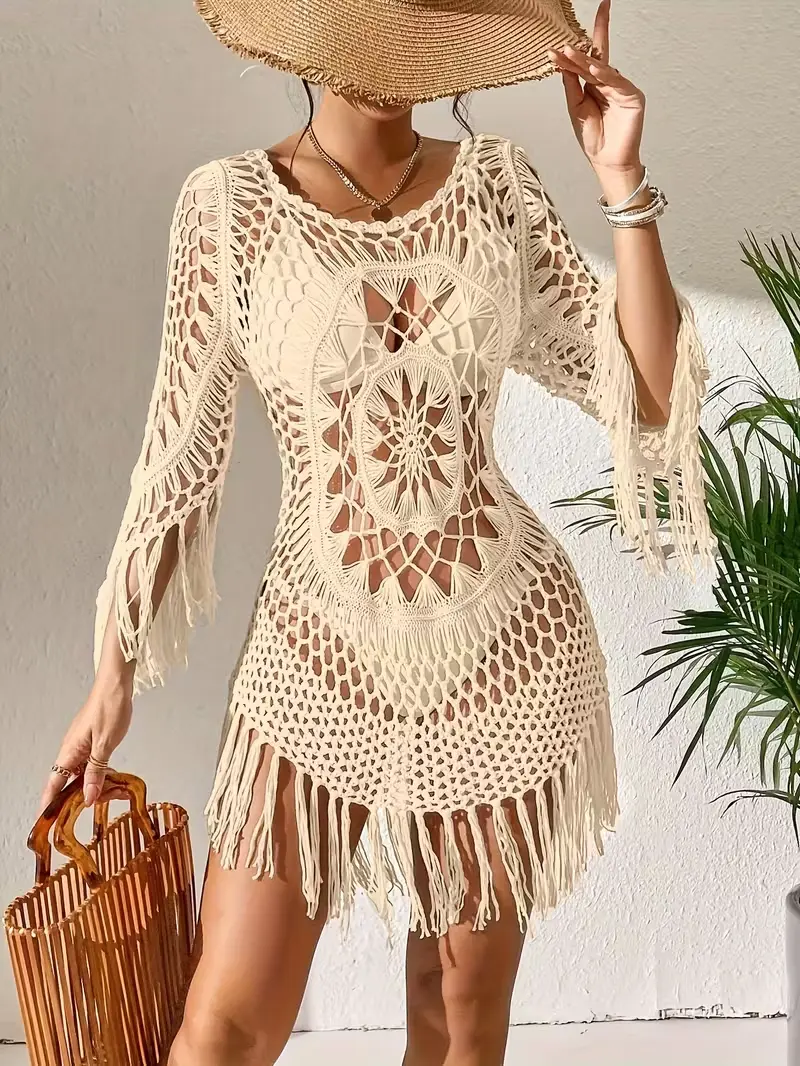 2026 New Hand-Crocheted Beach Skirt with Tassels & Floral Hollow-Out Camisole Cover-Up for Stylish Beach Outings