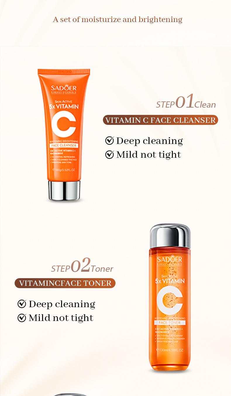 5X Vitamin C Facial Care Set 6-Piece Pack with Cleanser Toner Face Serum Cream & Eye Cream Gentle Skin Cleaning Care Travel Size Kit Daily