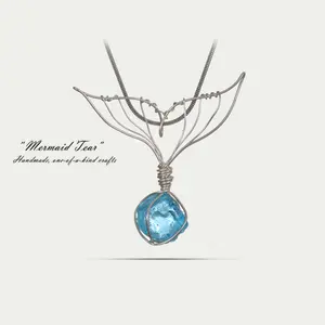 A | Mermaid Tear | Handmade Wire-Wrapped Pendant | One-of-a-Kind | Ocean-Inspired | Whimsical | Vibrant Blue Accent | Everyday Wear | Beach Days | Summer Outings, Layering, Gift-Giving | Wearable Art, Unique Gift, Mermaid Jewelry, Handmade Ocean Pendant