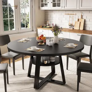 47" Round Dining Table for 4–6, Farmhouse Kitchen Table with Storage Shelf, Metal Base, Space‑Saving for Dining Room & Apartment
