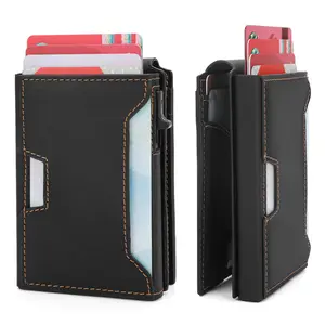 Men's Slim Wallet:4-6 Card Capacity.Aluminum Channel.Pop - Up Card Buttonkeyring.RFID Blocking.ID Window.Smaller and more Portable.