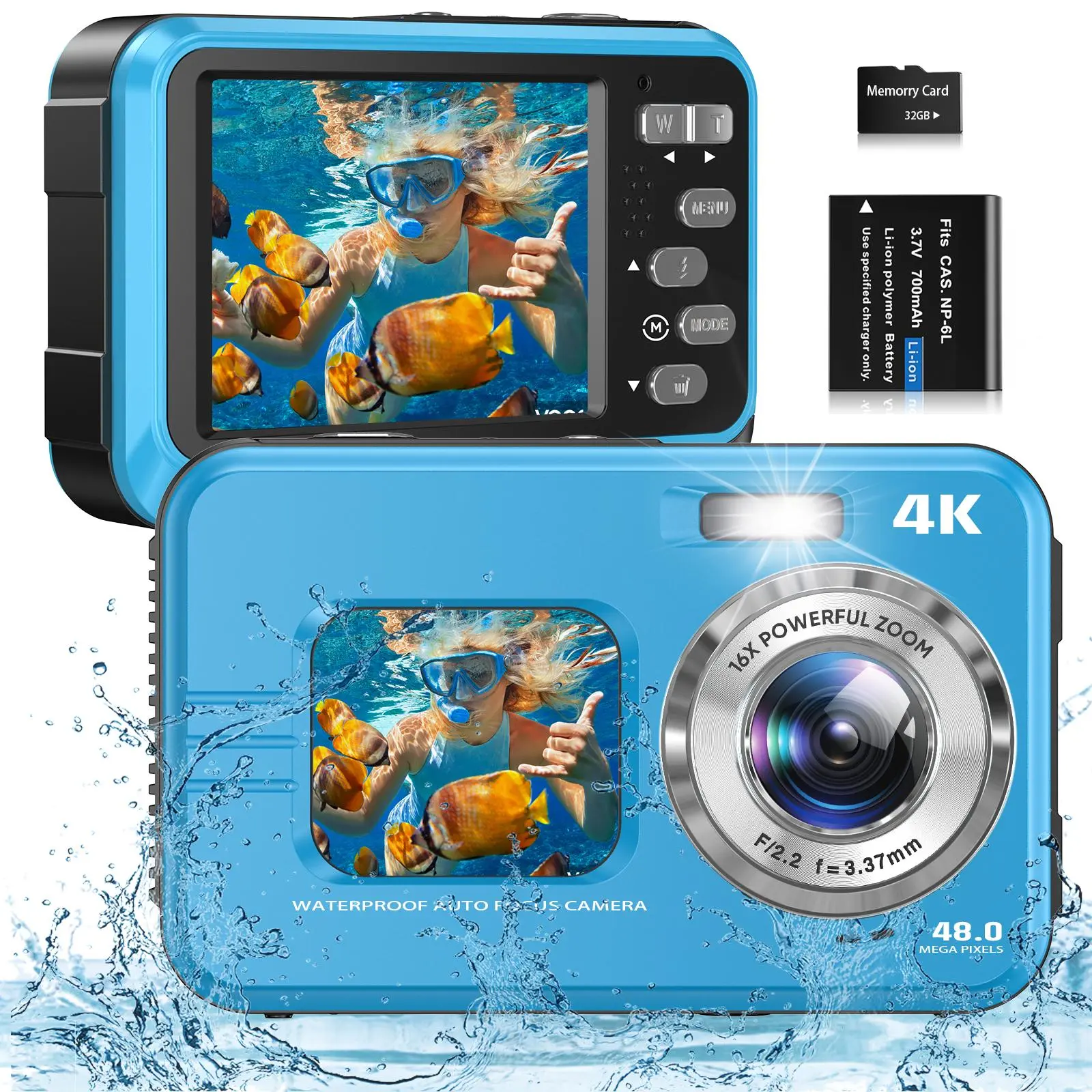 48MP Waterproof Digital Vlogging Camera, Dual Screen 10FT Auto Focus Camera Digital, 4K Video Resolution 16X Digital Zoom Underwater Camera, Digital Cam, Outdoor Digital Camera, Tech Gadgets, Photo Camera, Beginner Digital Camera, Portable Vlogging Camera