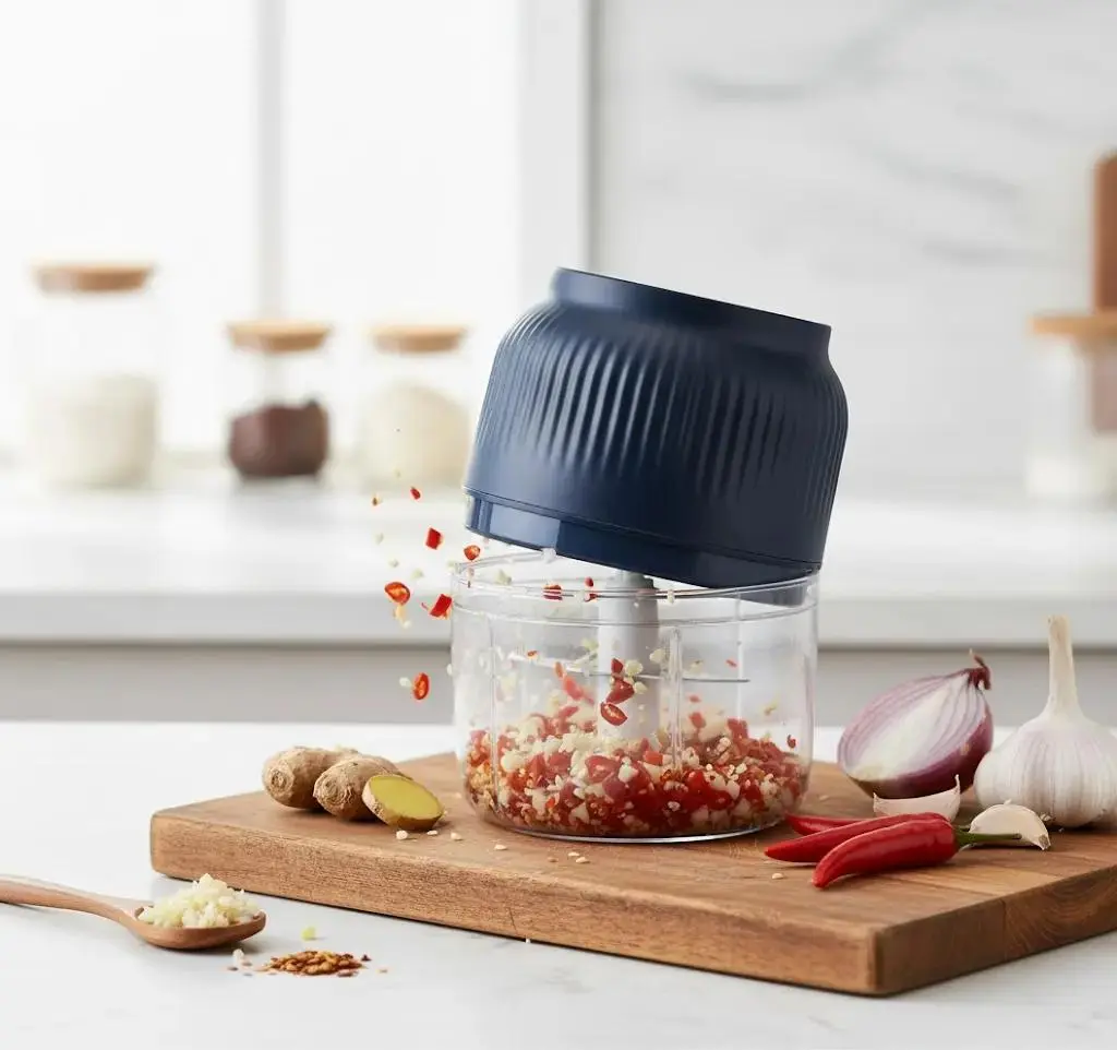 Electric Garlic Chopper - 4 Sharp Blades, 200mL, CompactPortable Home Kitchen Food Processor for Quick Chop ofVeggies, Onions, Ginger, Chili, Fruit, Meat, Spices, Beans