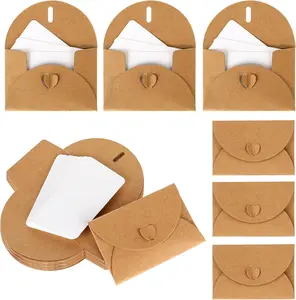 Mini Envelopes with Blank Cards 4.1 X 2.8 Inch Kraft Paper Gift Card Holders Cute Tiny Envelopes with Heart Clasp for Gift Cards, Wedding Party Favors, Greeting Cards Mailing, Business Cards Sliverdew