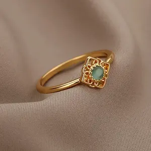 Lotus Flower Rings for Women Gold Color Stainless Steel Opal Natural Stone Ring Vintage Boho Wedding Engagement Jewelry Gift