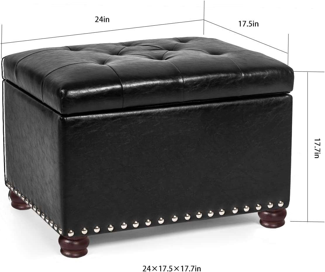 Adeco Rectangular Storage Ottoman, PU Leather Tufted Storage Bench with Lift Off Lid, Coffee Table Footrest Seat for Living Room Bedroom