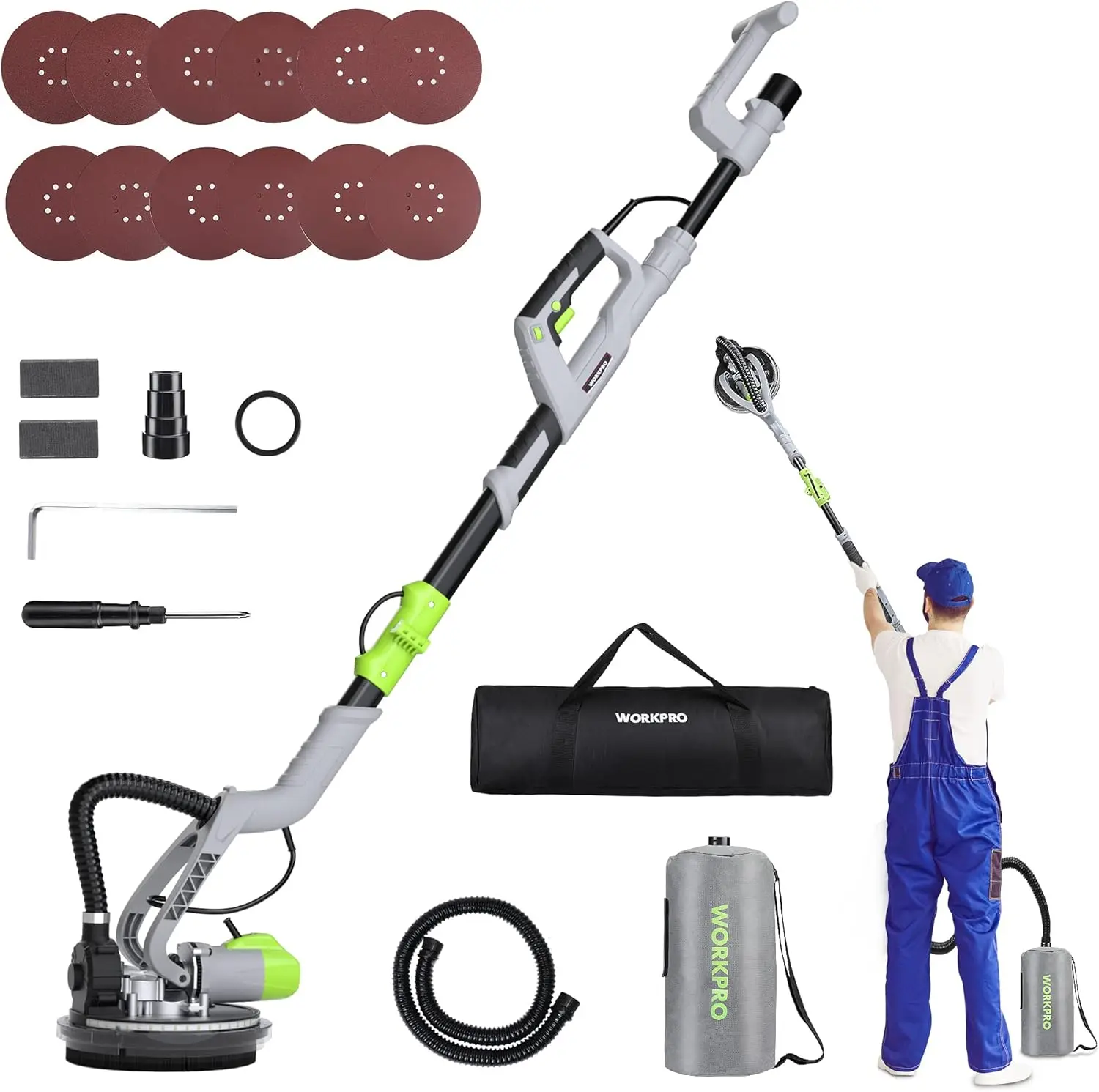 #backtoschool WORKPRO Drywall Sander, 720W Electric Sander with 12-Pack Sanding Discs, 7 Variable Speed 1100-1850 RPM Wall Sander with Extendable Handle, LED Light, Floor and Popcorn Ceiling Removal Tool