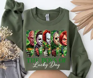 St. Patrick’s Day Horror Villains Sweatshirt/Hoodie/T-Shirt, The Boys of Lucky Day Shamrock Beer Graphic, Funny Irish Slasher Movie Fan Shirt, For Men and For Women