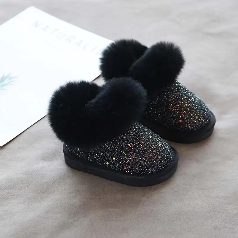 Baby Girl Sparkly Snow Boots with Fleece-Lined Thickened Soft Sole, Glittery Pink Low-Top Winter Shoes with Heart Pom-Poms & Closure for Toddlers Infants Outdoor Play, Cute Cartoon Pattern Winter Boots zipper