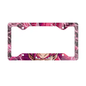 Pink Lightning Anime Character Metal License Plate Frame Cute Kawaii Car Accessory with Unique Cutaway Shape and Pre-drilled Holes for Easy Mounting
