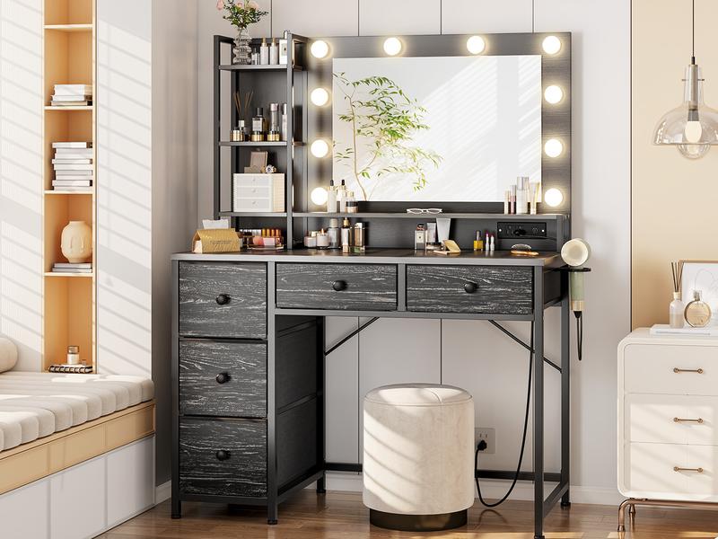 Hollywood Vanity with Mirror and Lights, Makeup Vanity Desk with 5 Fabric Drawers & Power Outlet, 3 Lighting Modes Adjustable Brightness, Bedroom Dressing Table