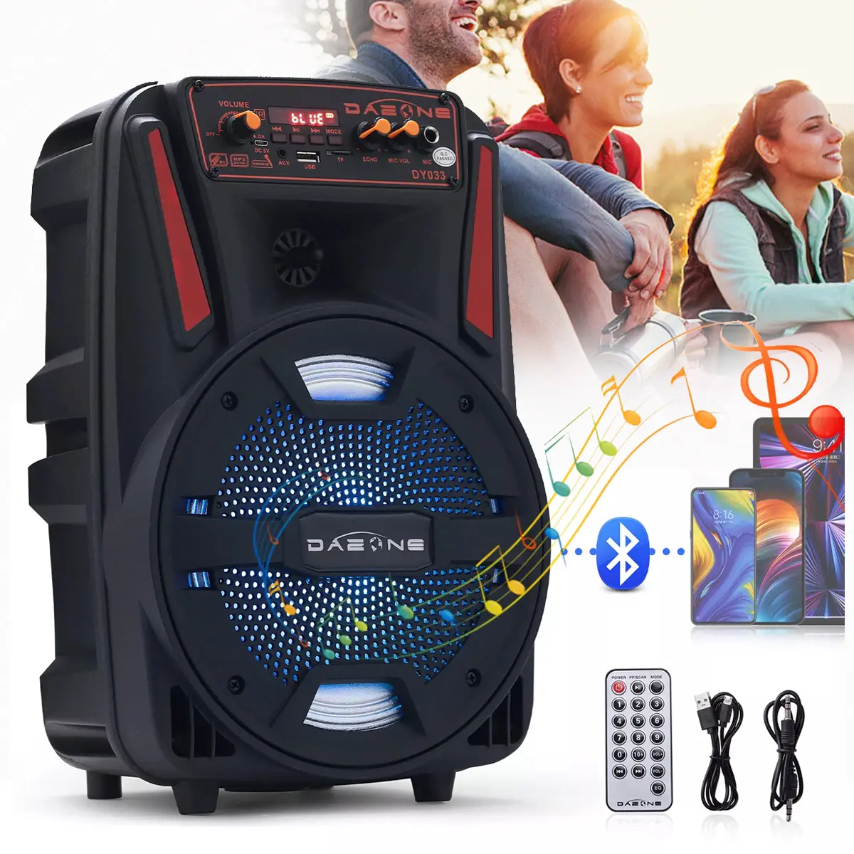 Dazone 1000W Portable Bluetooth 5.0 Speaker with 8" Subwoofer, 100dB Heavy Bass, 100ft Range, FM Radio, Colorful LED Lights, Stereo Audio, Remote Control, Digital Charging, Memory Card/MP3 Support, Device Compatibility for Home, Party, Devices