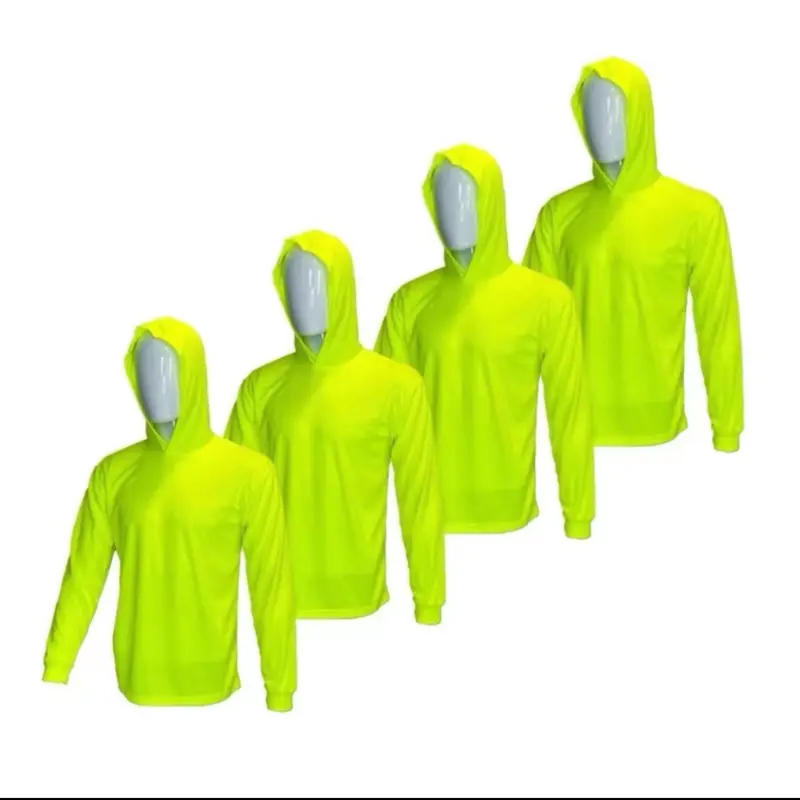 Hi Vis Long Sleeve Safety T-Shirt for Men - 2 or 4 Pack - Birdseye Style - High Visibility Work Shirt - Breathable & Dry Fit - Hooded Design - Ideal for High Visibility Environments, Sun Protection Shirts
