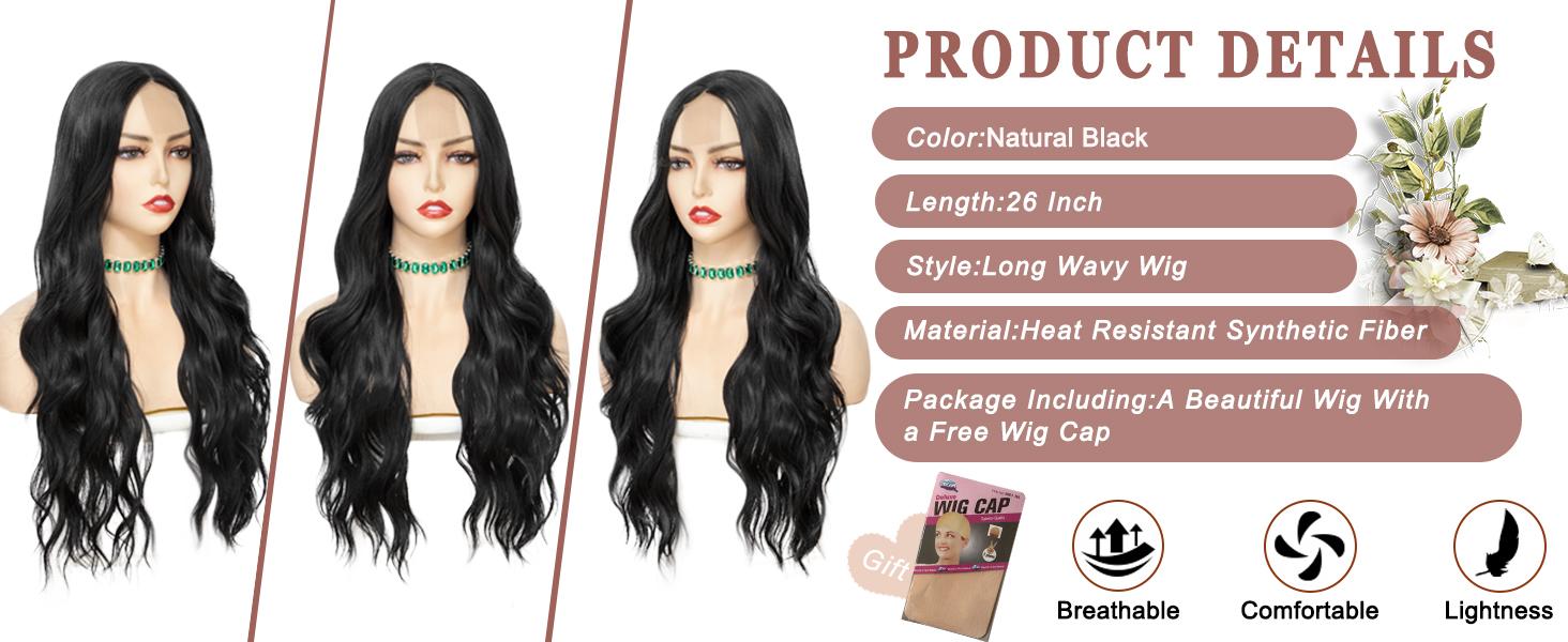 Black Wig for Women, Long Wavy Middle Part Synthetic Heat Resistant Wig for Daily Party