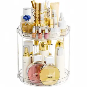 360 Rotating Makeup Organizer – 2 Tier Lazy Susan Turntable Organizer, Clear Bathroom Counter Organizer for Vanity, Spinning Skincare Perfume Tray for Bathroom, Dresser