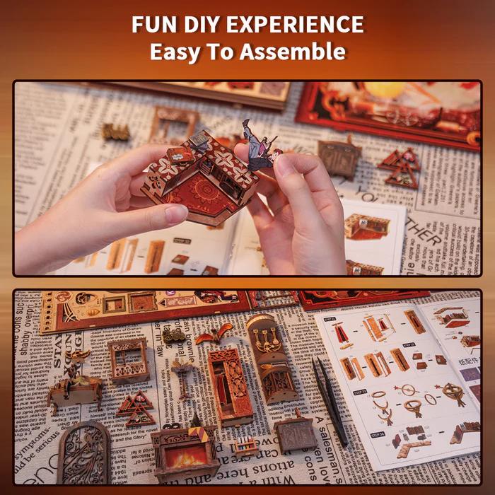CUTEBEE Flame Common Room Black Friday DIY 3D Book Nook Kit  Miniature Magic House Dollhouse with LED Light Handmade Creative Toy for Teens and Adults Holiday Christmas Gift Bookshelf Decor