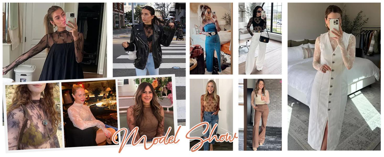 YeeZaa Lace Mesh Floral Boho Tops for Women 2026 Spring Summer Long Sleeve Blouse Sheer Mock Neck Layering Bolero Shrug See Through Cropped Y2K Going Out Tops Fit Elegant Curvy Casual SpringStatements