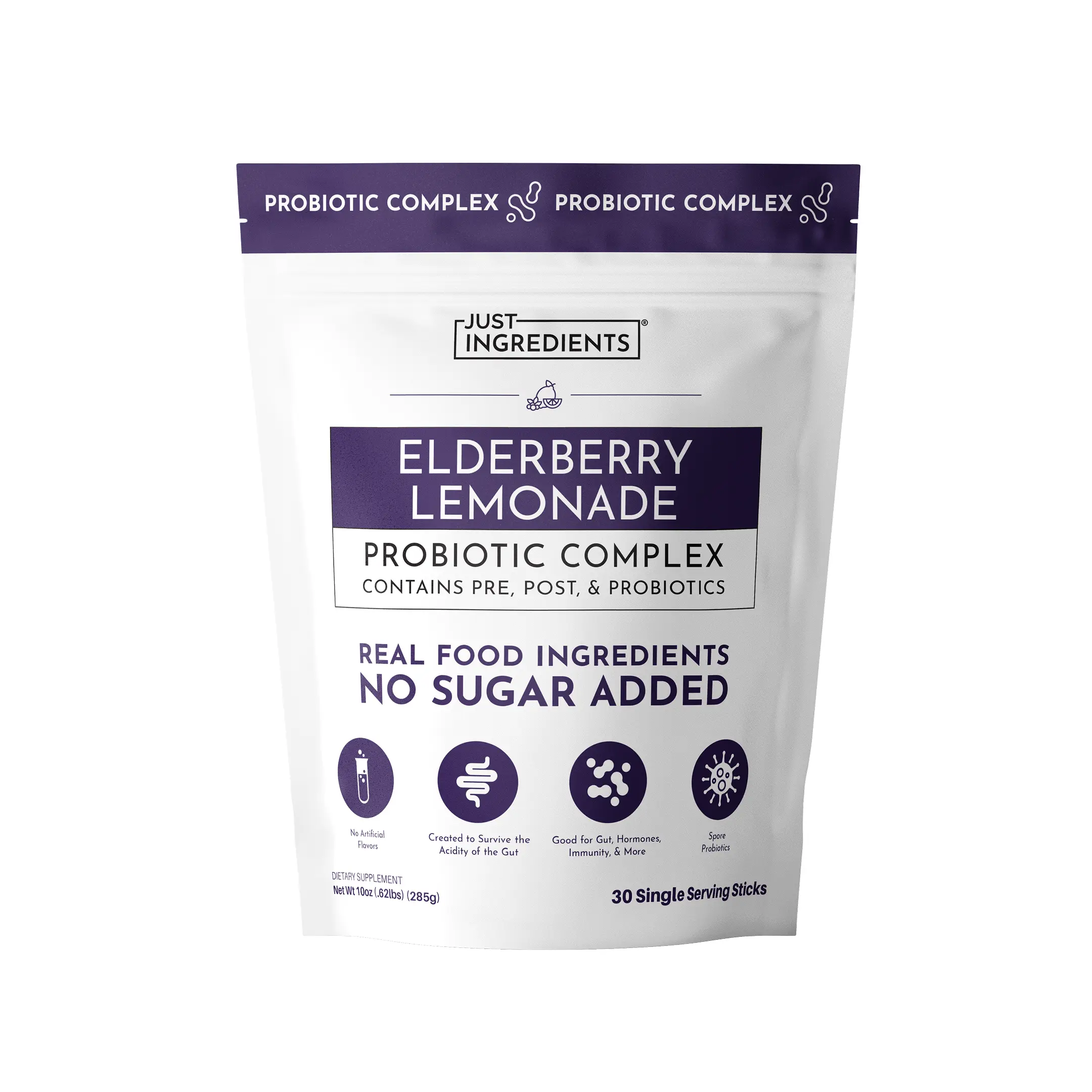 Just Ingredients Elderberry Lemonade  3‑In‑1 Probiotic Complex – 30‑Stick Drink Mix with Prebiotics, Probiotics & Postbiotics – 5 Billion CFU Spore Strains + Lemon Extract – Immune, Gut & Digestive Support