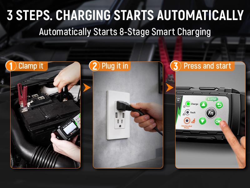FOXWELL BC521 4-in-1 Car Battery Charger, 5A 12V Charging System Tester and Maintainer, 5A Smart Trickle Charger and Starter, Smart Eight-Stage Charging, Pulse Repair, LCD Display, Suitable for Unattended Operation in Cars/RVs/Motorhomes.
