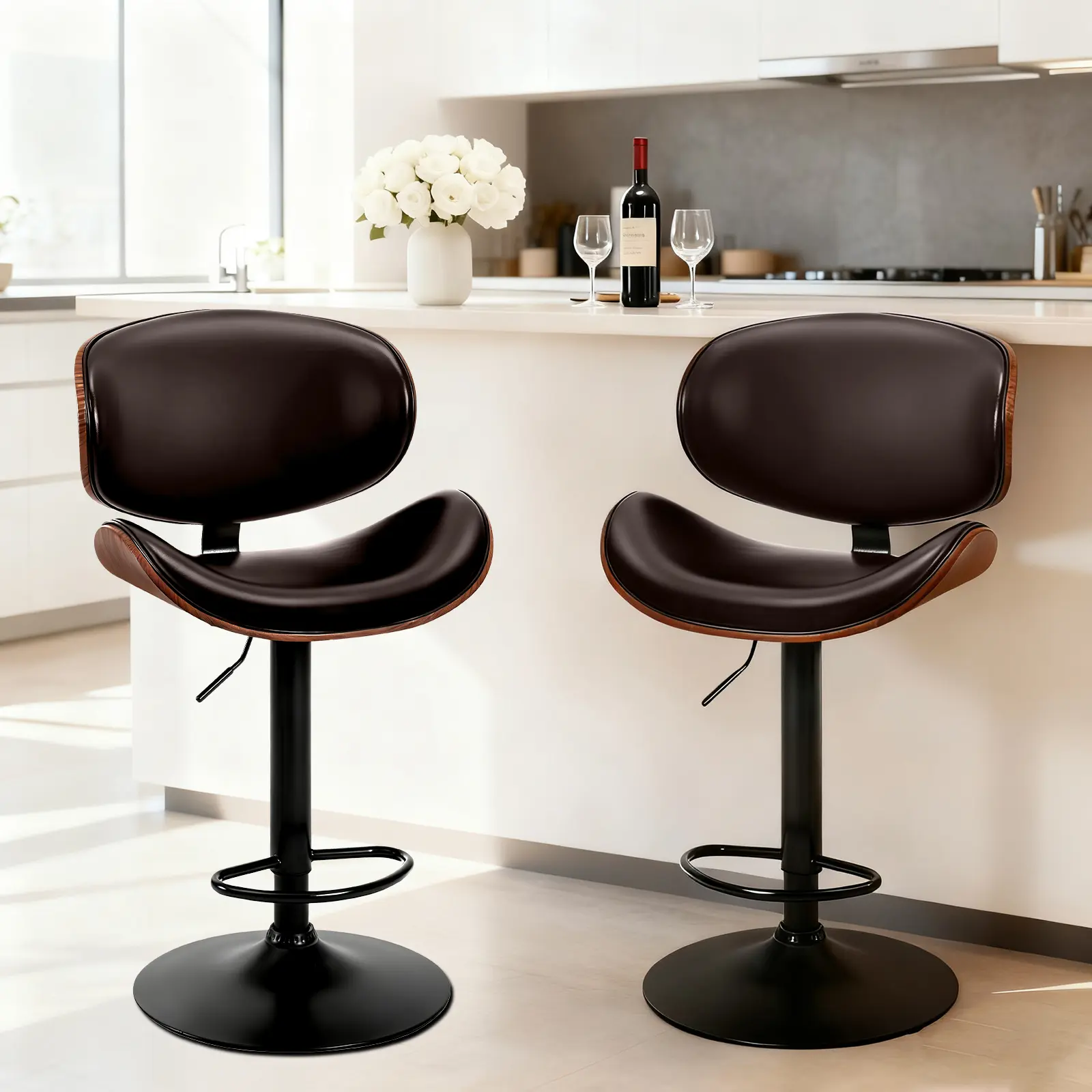 Sweetcrispy Armless 2-Seat Modern Bar Stools Set, 360° Swivel Bentwood Chairs with Adjustable Height 24.04-33.04 inches, PU Leather Upholstery, Backrest, Footrest, Anti-Slip Base, Indoor Furniture for Kitchen Counter, Home Bar