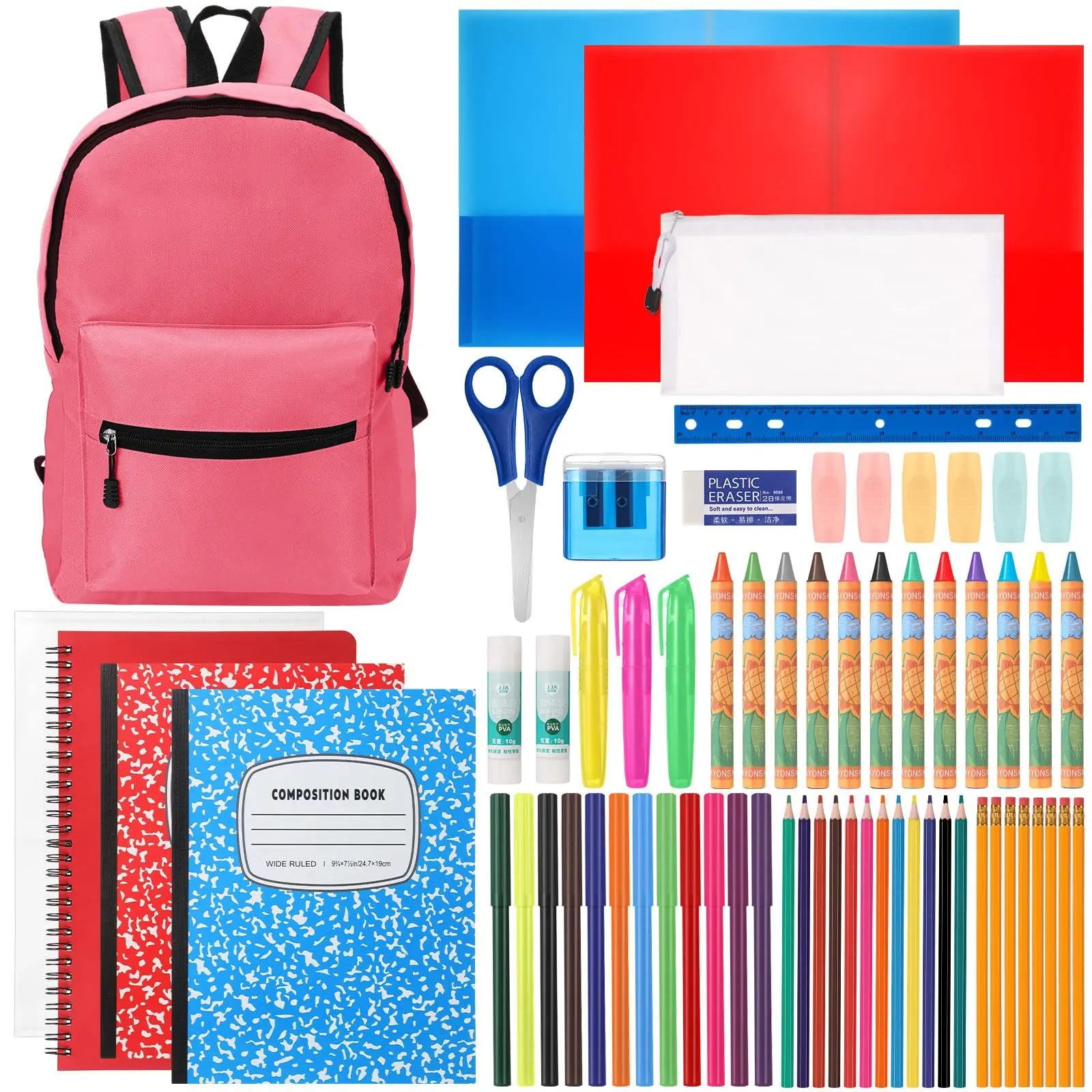 67 Pcs Back to School Supplies with Backpack Kids Kindergarten Preschool Elementary Supply Bundle Kit Middle High School Notebook for K-12 Student Girl Boy Classroom