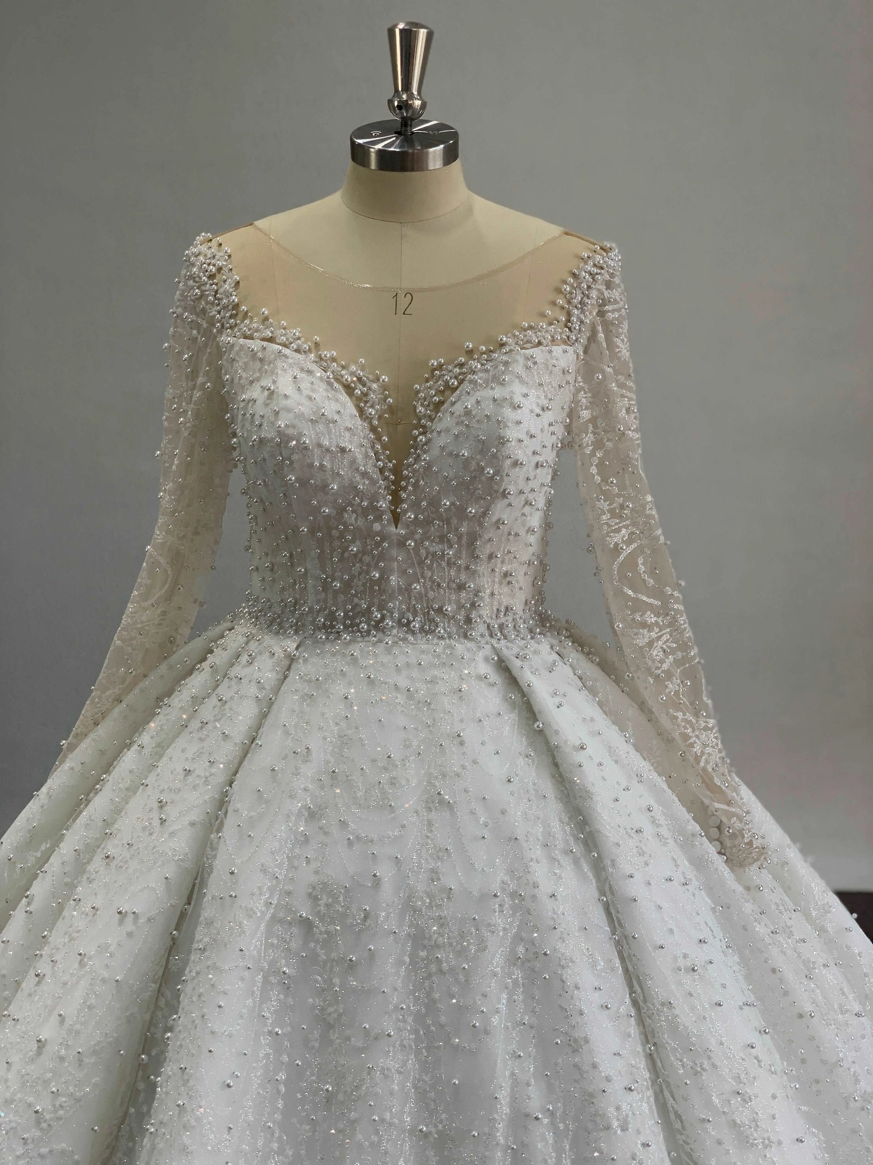 Women's Plus Size Romantic Fitted Wedding Gown - Sheer Long Sleeves, Light Beaded Shimmer Tulle Fabric, Gorgeous Pleated Skirt, Lace-Up Back