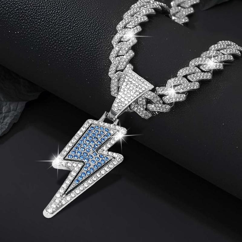 Bling Lightning Bolt Necklace Thick Cuban Link Chain Rapper Hip Hop Costume Jewelry with Sparkly Lightning Charms for Men Women Hip Hop Jewelry