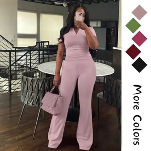 Women Two Piece Outfit Ribbed Short Sleeve V Neck Polo Top and Flare Pants Casual Lounge Sets Tracksuit