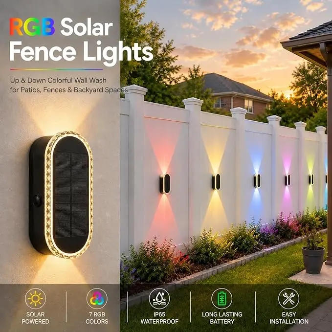 DERAYSION Solar Outdoor Wall Lights - Up Down Dual-Lens, 2/4/6/10 Packs, Warm White + 7 Fixed RGB Colors & Cycle Mode, IP65 Waterproof, Outdoor Safety Lighting, Adjustable Solar-Powered Decking & Patio Lighting, Landscaping Decor for Backyard Glow Up