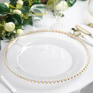 6-Pack Acrylic Charger Plates 13" Round Clear with Gold Beaded Rim - Decorative Dinner Party Serving Plates
