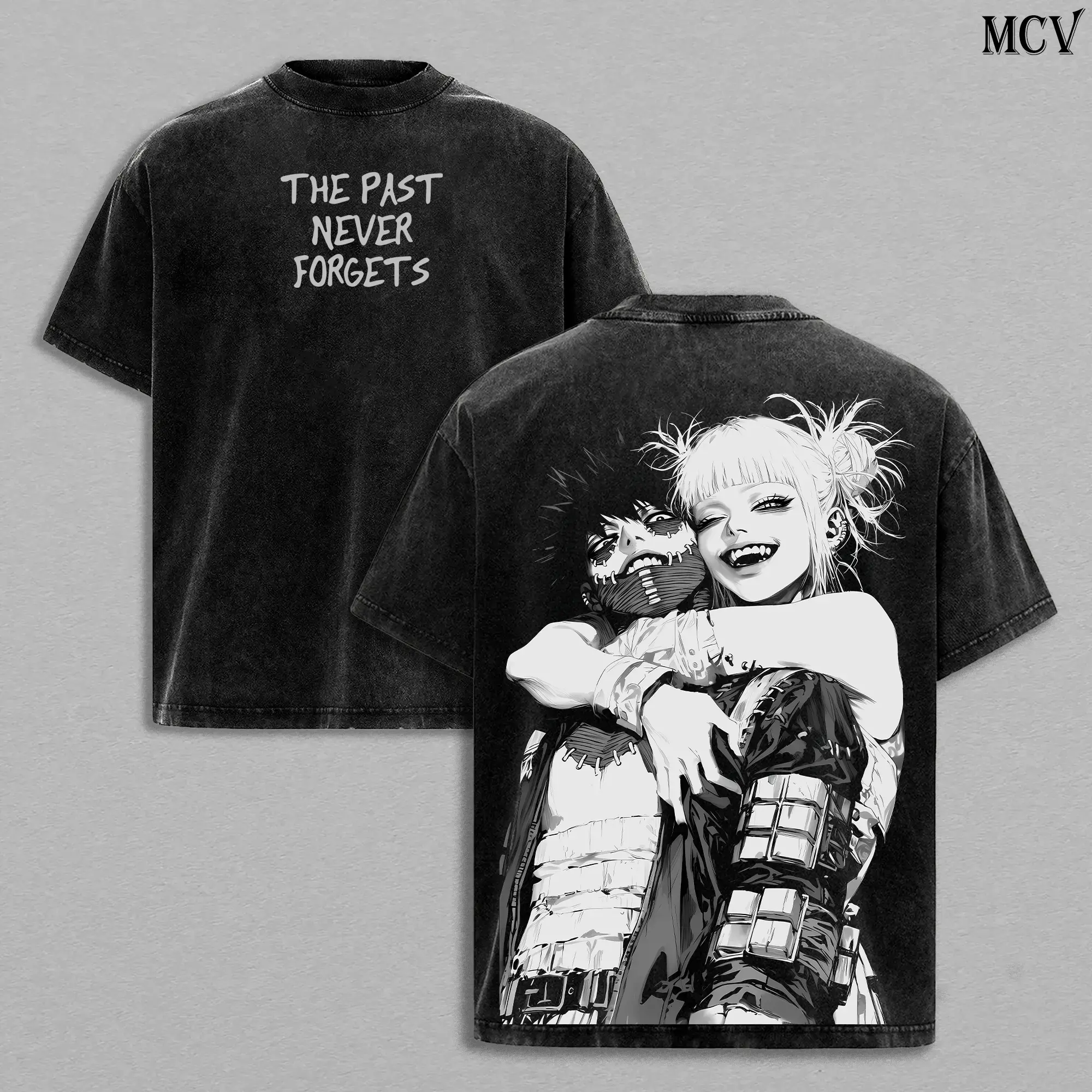 Men's My Hero Academia Cosplay Short-Sleeve T-Shirt - Retro Vintage Washed Dabi & Toga Print, Unisex Heavyweight Cotton, Eco-Friendly Hot Stamping, Japanese Loose-Fitting Oversized Round Neck Casual Tops, All Seasons, My Hero Academia Cosplay Men's Short-