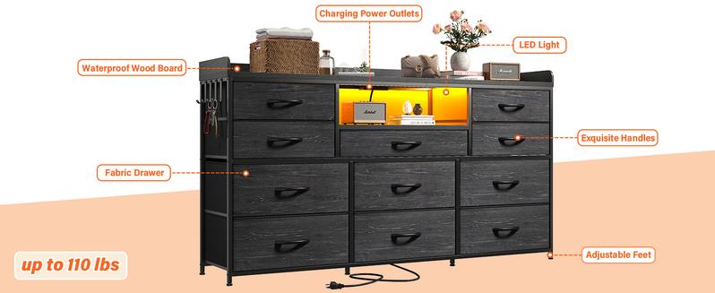 【Jumpstar Sale】Raybee 11 Drawer Smart LED Dresser, with Charging Station, Power Outlets, LED Lights & Shelves, Modern Storage Cabinet for Bedroom/Hallway, TV Stand for 32-55 inch TVs, Easy 10-min Assembly, Includes 4 Hooks