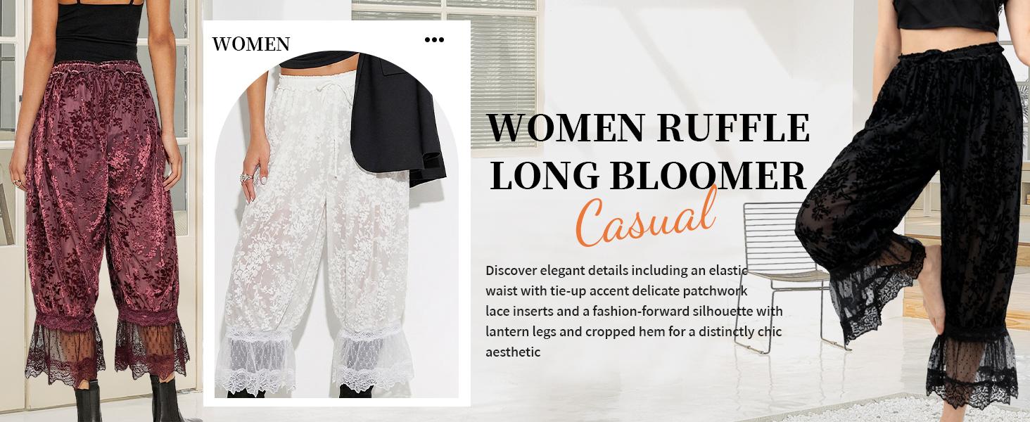 WoodBerry Women's Lace Trim Bloomers Trousers Lightweight Sheer Floral Burnout Casual Lantern Pants Y2k Elastic Waist with Lining to Prevent Exposure