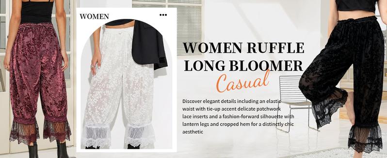 WoodBerry Women's Lace Trim Bloomers Trousers Lightweight Sheer Floral Burnout Casual Lantern Pants Y2k Elastic Waist with Lining to Prevent Exposure