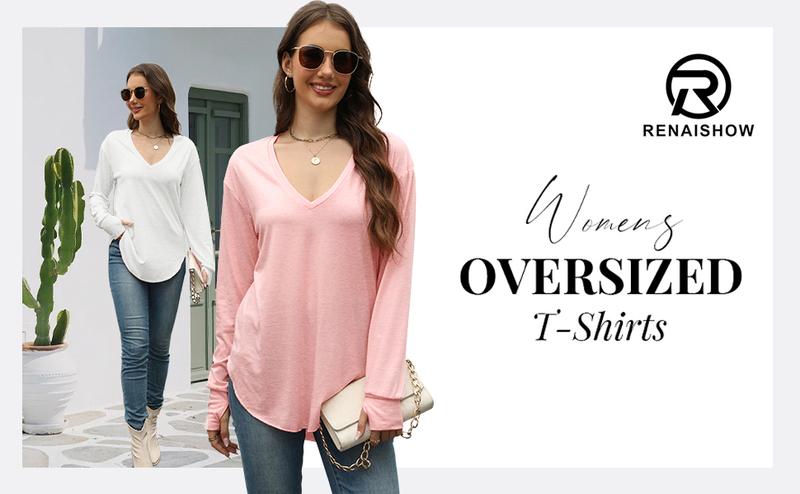 Renaishow Womens Deep V Neck Tunic Tops Long Sleeve Oversized Casual Loose Fit Curved Hem T Shirts with Thumb Holes Blouses Light Breathable Solid