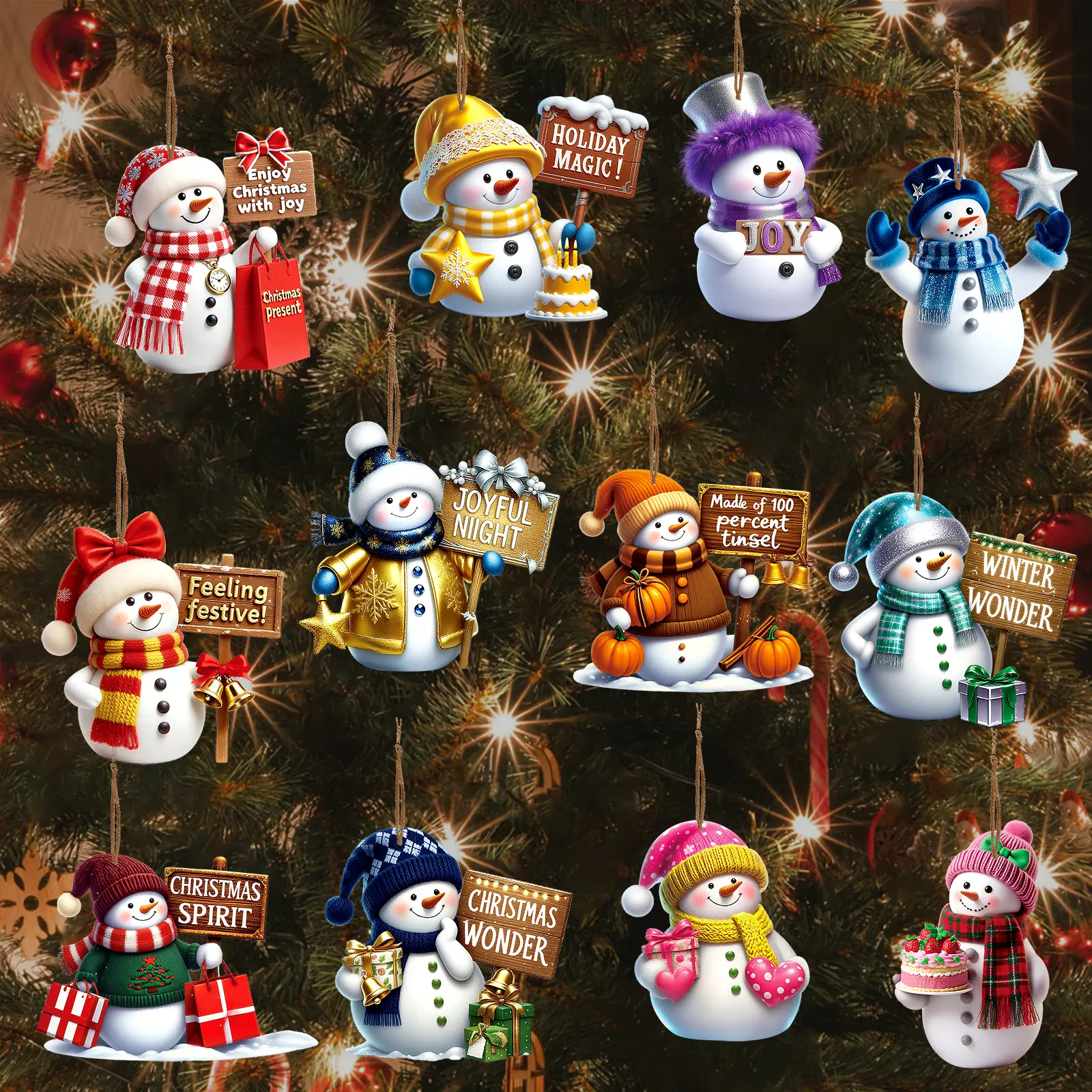 24pcs Handcrafted Wooden Colorful Snowman Ornaments for Christmas Tree, Vintage Christmas Ornaments, Holiday Season Hanging Snowman Pendants Decorations, Holiday Home Decor, Party Decorations, Christmas Tree Decor, New Year Decor