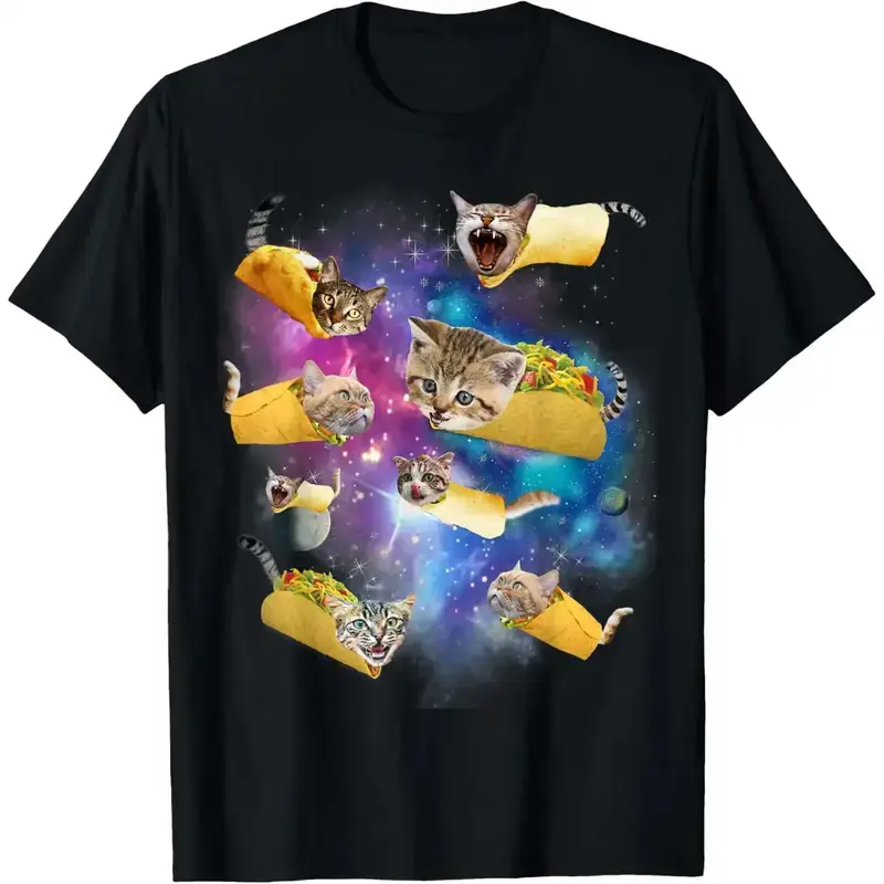 Men's 100% Cotton Short-Sleeve Round Neck Fashion Graphic T-Shirt - Cute Space Theme, Burrito Pizza Tacocat Print, Casual Gift Idea Top