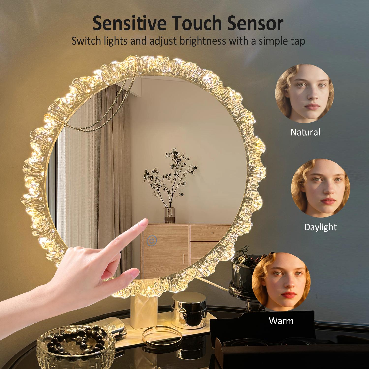 GALENTAL Iceberg Dimmable Round Vanity Mirror with Light, Round Bathroom Mirror With Touch Screen Control, LED Desktop Makeup Mirror, Round Bathroom Mirror For Over Sink,  Adjust Brightness, 3 CCT,Home Decor, Bedroom