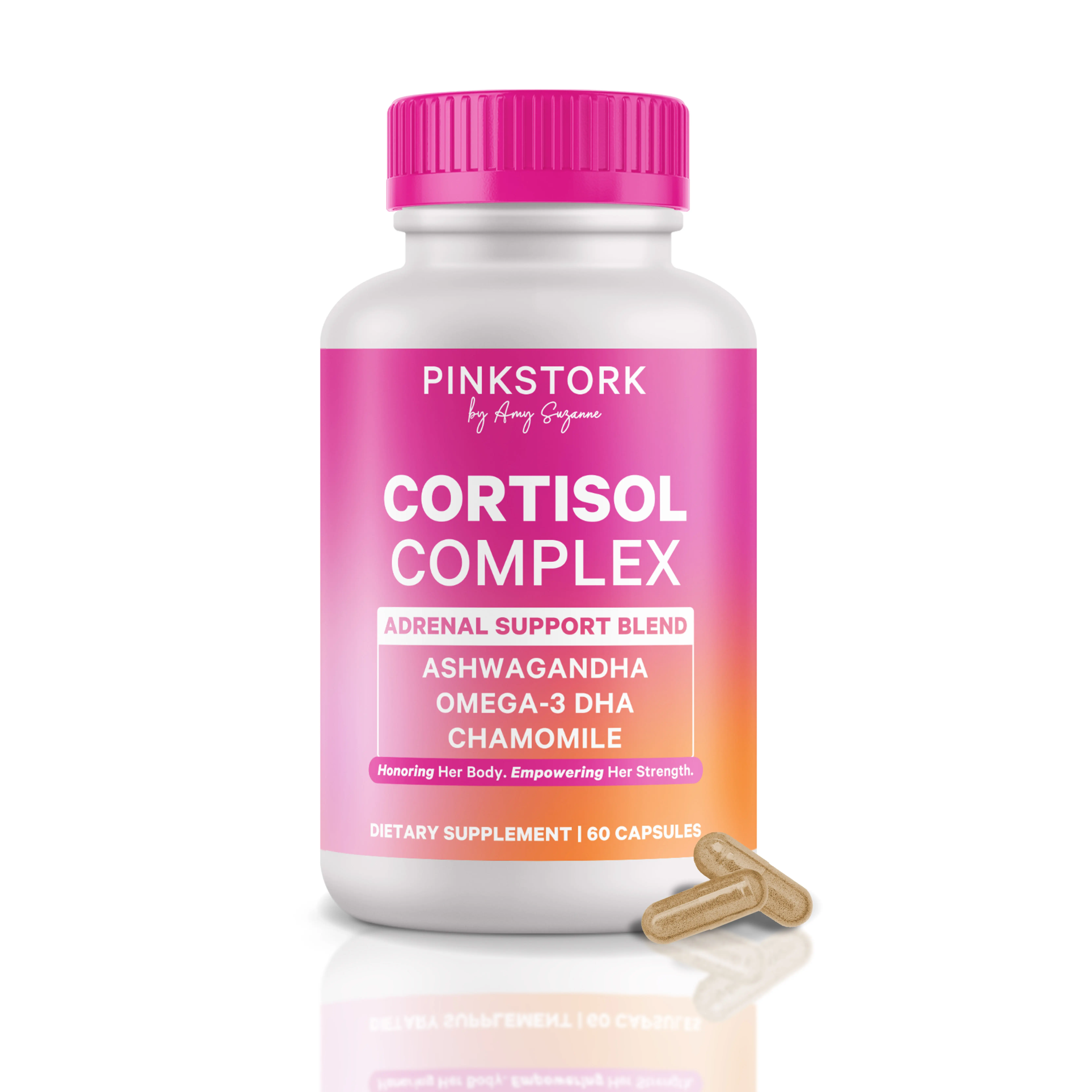 Pink Stork Cortisol Complex | Adrenal + Stress Supplement for Women | Healthy Mood + Energy | Organic Ashwagandha, Omega 3 DHA, Chamomile, Saffron, Vitamin D, 1-Month Supply, Adaptogens + Vitamin Blend, Selfcare for Wome