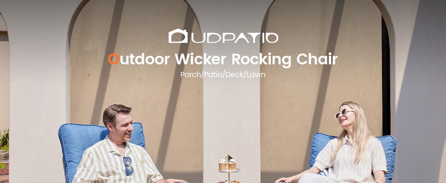 Spring Greenish UDPATIO Outdoor 3 Piece Patio Furniture Set Wicker Rocking Chair Set with 2 Rockers, 1 Side Table and 4‘’ Thick Cushions Chair Lounge for Backyard, Porch, Balcony SpringGardening